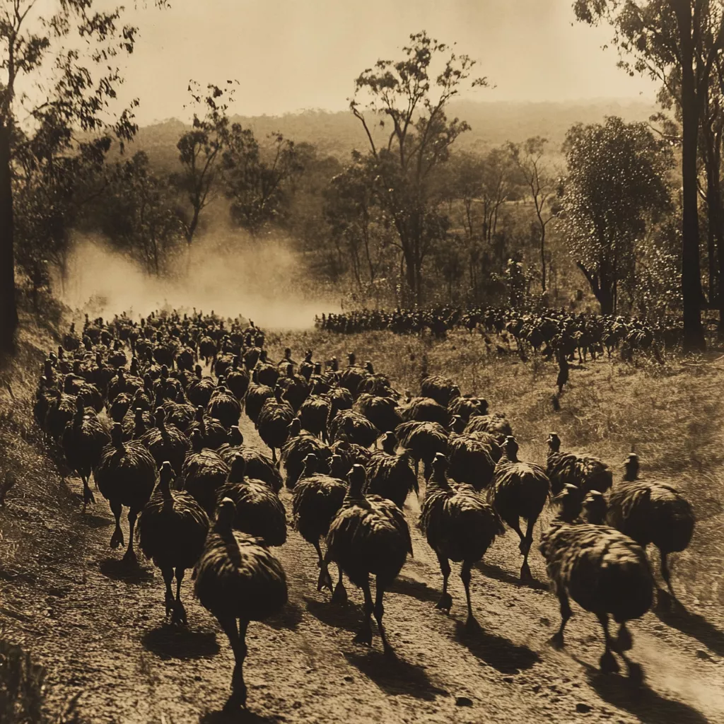 AI depiction of emus on the run during the Great Emu Wars of 1932