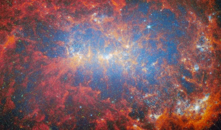 The James Webb Space Telescope observed “starburst” galaxy NGC 4449, seen in this image released on May 29, 2024